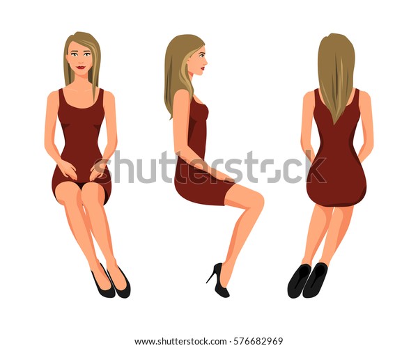 白い背景に赤いドレスを着た3人の女の子が座るベクターイラスト マンガのリアルな人のイラスト 平凡な若い女性 正面の女の子 側面の女の子 背面の女の子 のベクター画像素材 ロイヤリティフリー
