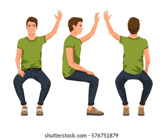 Vector illustration of three sitting men with hand up in casual clothes.Cartoon realistic people illustartion. Flat young man. Front view man, Side view man, Back side view man