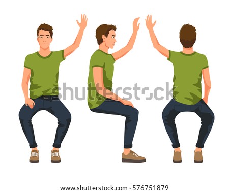 Vector illustration of three sitting men with hand up in casual clothes.Cartoon realistic people illustartion. Flat young man. Front view man, Side view man, Back side view man