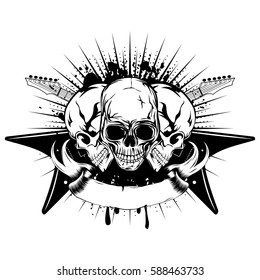 Vector illustration three skull and crossed black guitars on grunge background