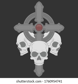 vector illustration of three skulls with a christian cross