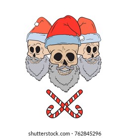 Vector illustration of three skulls with santa hats.