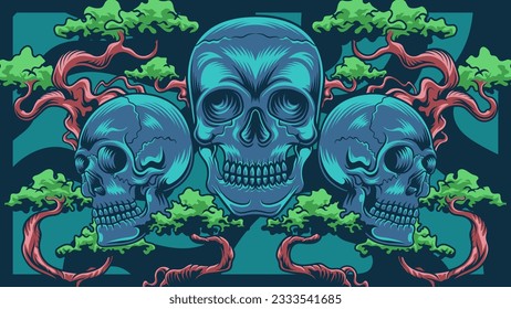 vector illustration of three skulls with several bonsai plants great for digital print, textile, wallpaper, t-shirt design