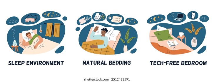 Vector illustration of three sleep related habits, creating a comfortable sleep environment, using natural bedding, maintaining a tech free bedroom. The flat cartoon characters, calm and relaxation