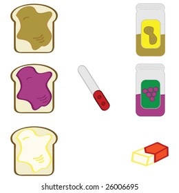 Vector illustration of three slices of bread with three different types of spreads: peanut butter, jam and butter