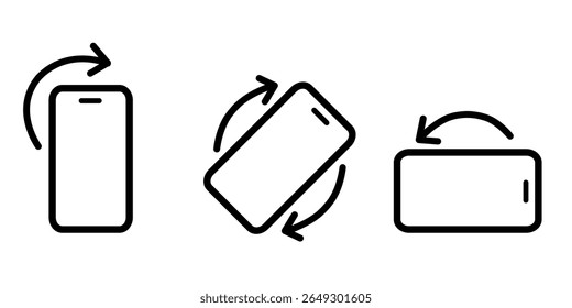 Vector illustration of three smartphone screen rotation icons in different orientations-portrait, diagonal, and landscape-each with bold directional arrows symbolizing device motion