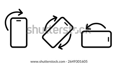 Vector illustration of three smartphone screen rotation icons in different orientations-portrait, diagonal, and landscape-each with bold directional arrows symbolizing device motion