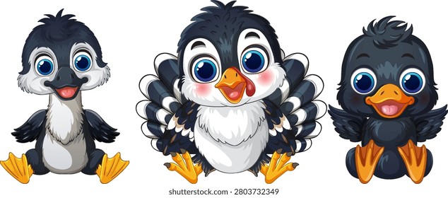 Vector illustration of three smiling baby birds isolated on white background in cartoon style.