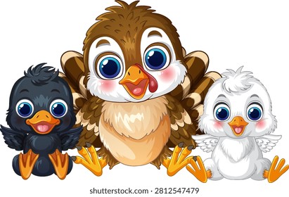 Vector illustration of three smiling baby birds with large eyes on a white background.