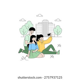 Vector illustration of three smiling friends sitting on the grass, taking a selfie together in a park. The scene includes a city building and trees in the background, capturing a joyful outdoor moment