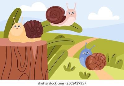 Vector illustration with three smiling snails on the background of a landscape with green grass, sky and clouds. The summer stage for a design with cute clams