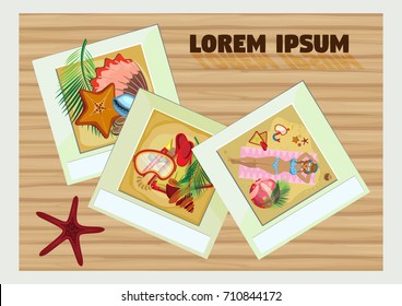 Vector illustration. Three snapshots on the themes of the beach and diving. On a wooden surface.