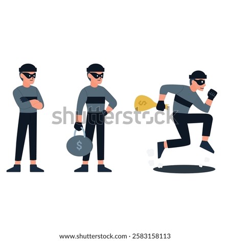 Vector illustration of three sneaky thieves in various poses, showcasing planning, stealing, and escaping, perfect for security training materials.