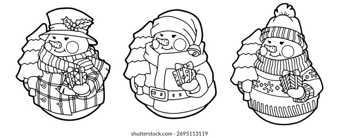 Ilustração vetorial de três bonecos de neve em poses diferentes, adequado para atividades de coloração