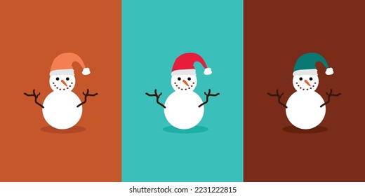Ilustración vectorial de tres hombres de nieve con antecedentes de diferentes colores usando sombreros de Navidad de diferentes colores. Plantilla de concepto navideño con colores como azul, rojo, marrón y naranja.
