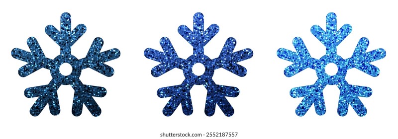 Vector illustration of three sparkling blue glitter snowflakes on a white background, ideal for winter themes.