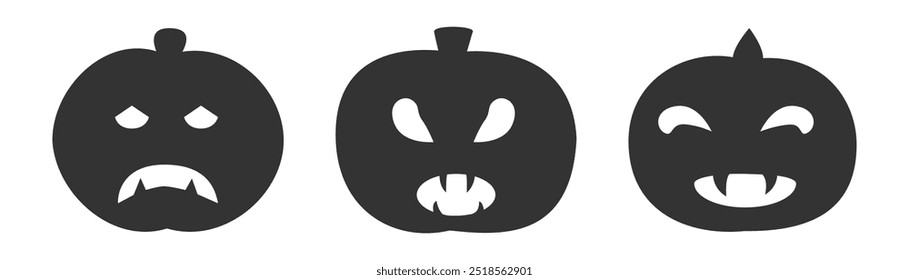 Ilustración vectorial de tres espeluznantes caras de calabaza negra con colmillos, que representan Halloween, horror y decoraciones festivas en un estilo minimalista.