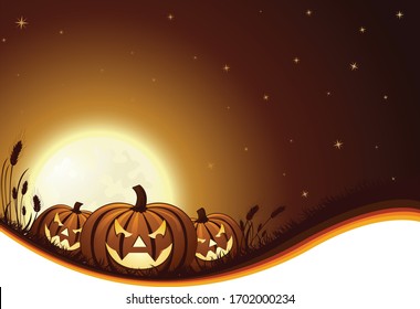 A vector illustration of three spooky glowing jack-o-lanterns on a hill in front of a rising full moon on Halloween night