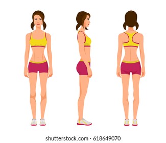 Vector Illustration Of Three Sport Gir With Two Tails In Sportswear Under The White Background.Cartoon Realistic People Illustration.Flat Young Woman.Front View Girl,Side View Girl,Back Side View Girl