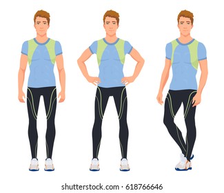 Vector illustration of three sports man in sportswear under the white background. Cartoon realistic people illustartion. Flat young athlete. Front view man, Side view man.