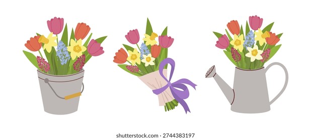 Vector illustration of three spring flower arrangements a rustic metal bucket, a wrapped bouquet with a purple ribbon, and a vintage watering can. Features tulips, daffodils, and hyacinths.