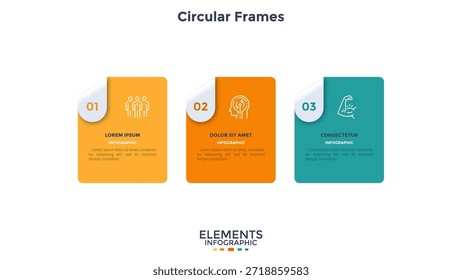 Ilustración vectorial con tres marcos de papel cuadrados con rótulos e íconos numerados. Plantilla empresarial infográfica moderna, gráfico de diapositivas de presentación para visualización de información.
