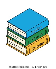 Vector illustration of three stacked books labeled Algebra, Physics, and Calculus. Perfect for school, college, and STEM education designs.