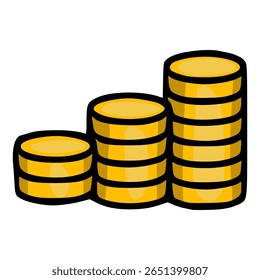A vector illustration of three stacks of gold coins increasing in size, representing growth and financial success, with a bold black outline and vibrant yellow fill.