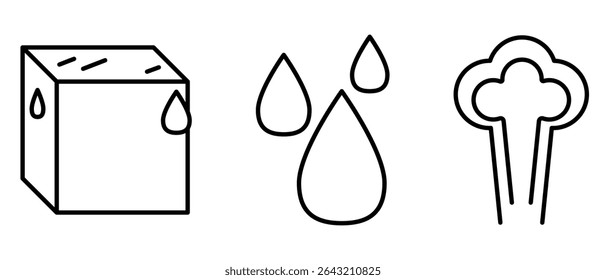 Vector illustration of the three states of water: solid (ice cube), liquid (drops), and gas (steam). Simple line icons for science, education, weather, or chemistry design projects.