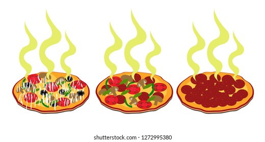 Vector illustration of three steaming pizzas on isolated background