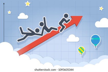 Vector illustration of three stick figures riding graph up to sky.