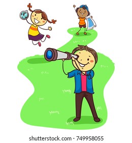 Vector Illustration of Three Stick Kids Exploring while holding Geographic Objects