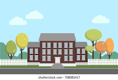 vector illustration of a three storey country mansion with a garden around it landscaped, garden maze, trees. village and town landscape. banner template