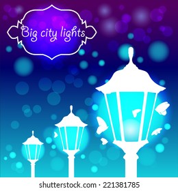Vector illustration. Three street lights with butterfly