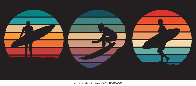 Vector illustration of three striped sunsets retro backgrounds with silhouettes of surfer. Sunrise logos of surfing
