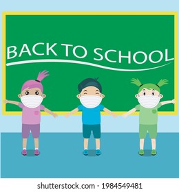 Vector Illustration of Three Student Come Back School on Class and Distancing.