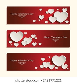 Vector illustration of three stylish abstract Valentine's banners with cute white hearts in front of red backgrounds