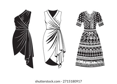 Ilustración vectorial de tres vestidos elegantes que incluyen abrigo asimétrico y diseños estampados perfectos para el diseño de moda y referencias de construcción de prendas.