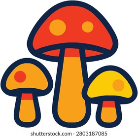Vector illustration of three stylized, colorful mushrooms with thick outlines. Professional minimalist graphic design for nature icons and playful creative assets.