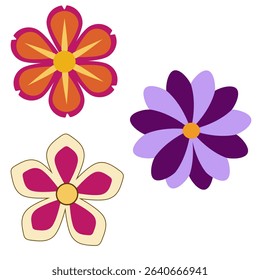 Vector illustration of three stylized flowers in vibrant orange, purple, and pink hues, featuring bold shapes and contrasting color palettes, ideal for design projects needing a touch of playful so...