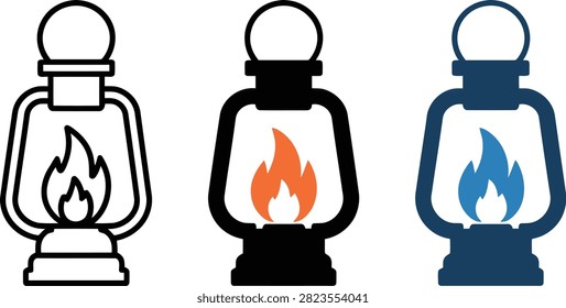 Vector illustration of three stylized lanterns emitting different colored flames in a clean design.