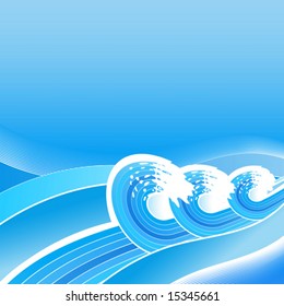 Vector illustration of three stylized retro waves with lined artwork patterns flowing. Blue and cyan.