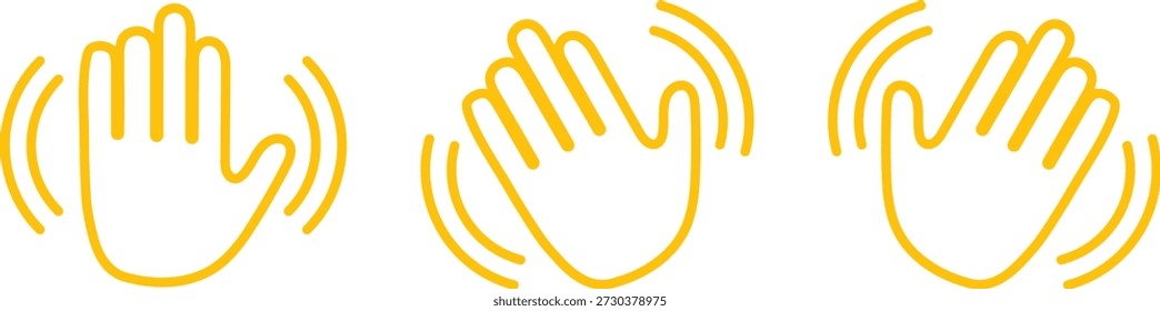 Ilustração vetorial de três ícones estilizados de mão amarela em um movimento de ondulação, cada um com linhas de movimento curvas. Representa saudação, despedida, amizade ou interação digital. Ideal para aplicativos de mensagens, telas integradas, gráficos de mídia social e elementos de interface do usuário.