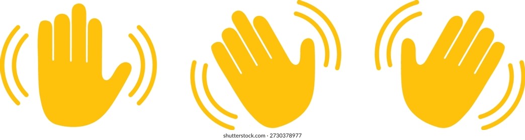 Ilustração vetorial de três ícones estilizados de mão amarela em um movimento de ondulação, cada um com linhas de movimento curvas. Representa saudação, despedida, amizade ou interação digital. Ideal para aplicativos de mensagens, telas integradas, gráficos de mídia social e elementos de interface do usuário.