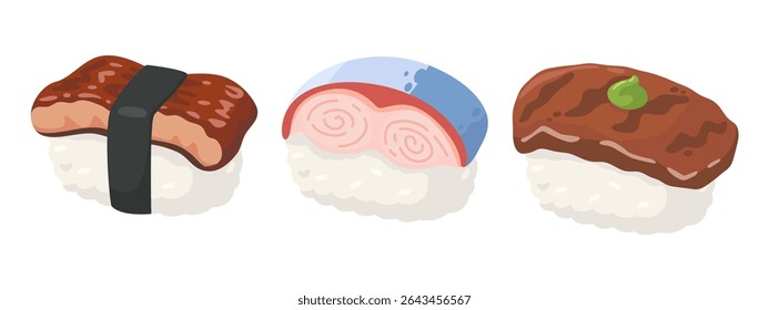 Vector illustration of three sushi nigiri pieces with different toppings, perfect for culinary and food-related designs.