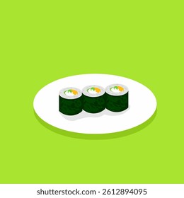 Vector illustration of three sushi rolls served on a white plate, presented in a clean flat design style. 