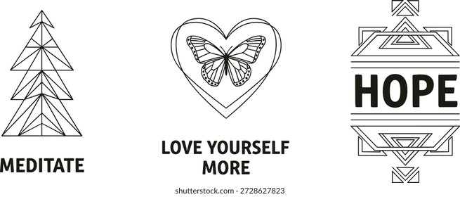 Vector illustration of three symbolic panels featuring meditate, love yourself, and hope messages with geometric and emotional designs