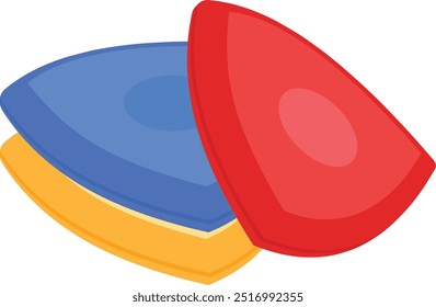 Eine Vektorgrafik von drei Schneiderkreidestücken in verschiedenen Farben: rot, blau und gelb. Perfekt zum Markieren von Stoff für Näh-, Schneider- oder Steppprojekte.