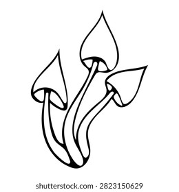 Vector illustration of three tall thin mushrooms. Group of stylized mushrooms with pointed caps and long stems. Composition on white background.
