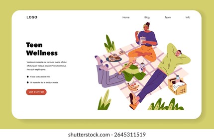 Vector illustration of three teens enjoying a relaxing picnic on a checkered blanket. Each holding snacks, they express joy and calm. Perfect for wellness and leisure themes.
